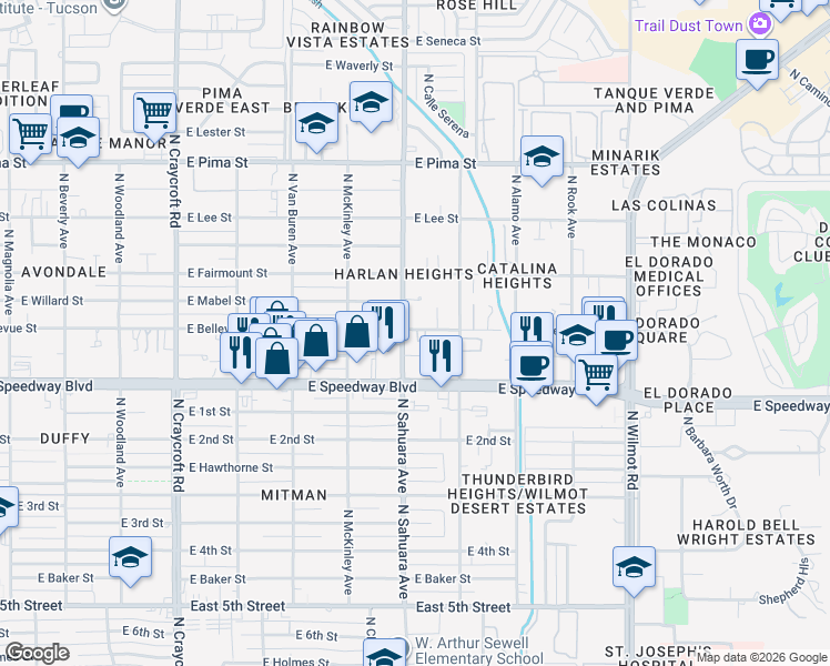map of restaurants, bars, coffee shops, grocery stores, and more near 1202 North Sahuara Avenue in Tucson