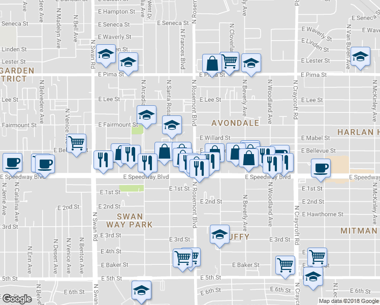 map of restaurants, bars, coffee shops, grocery stores, and more near 5062 East Bellevue Street in Tucson