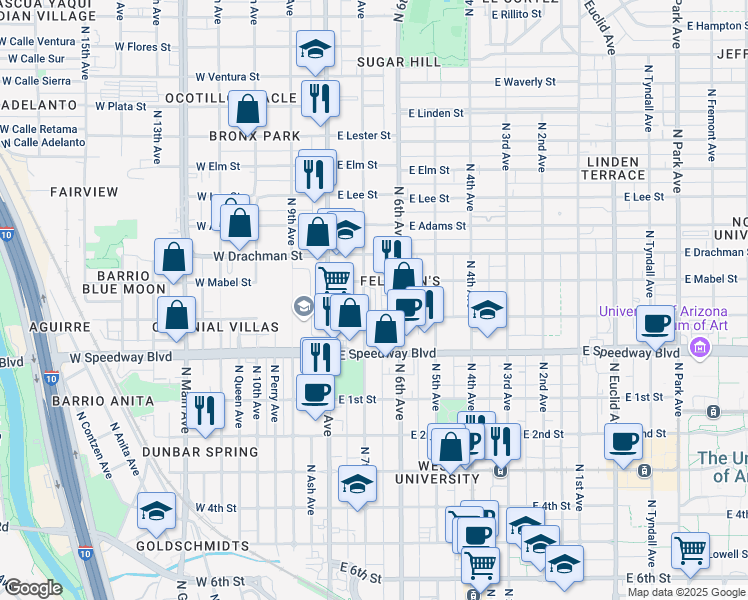 map of restaurants, bars, coffee shops, grocery stores, and more near 1200 North 7th Avenue in Tucson