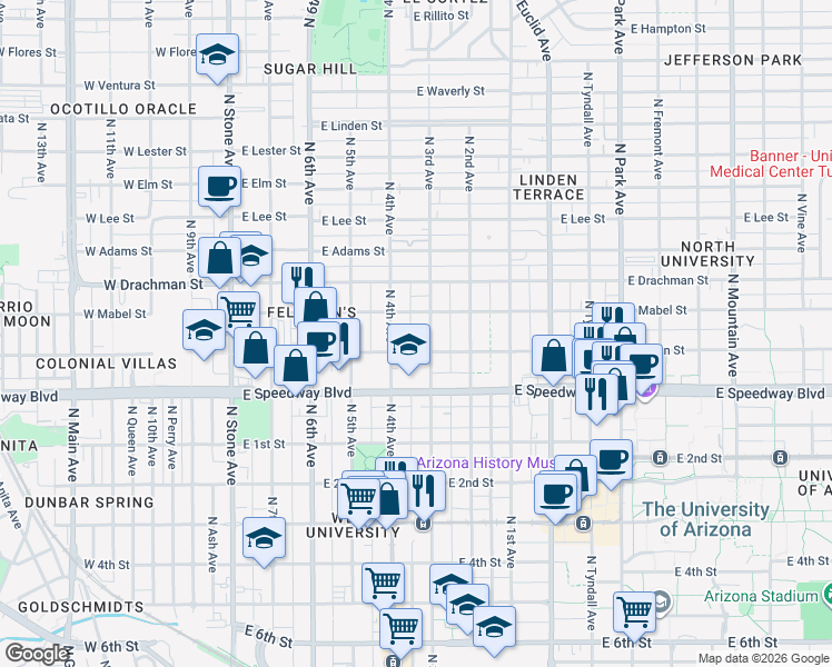 map of restaurants, bars, coffee shops, grocery stores, and more near in Tucson