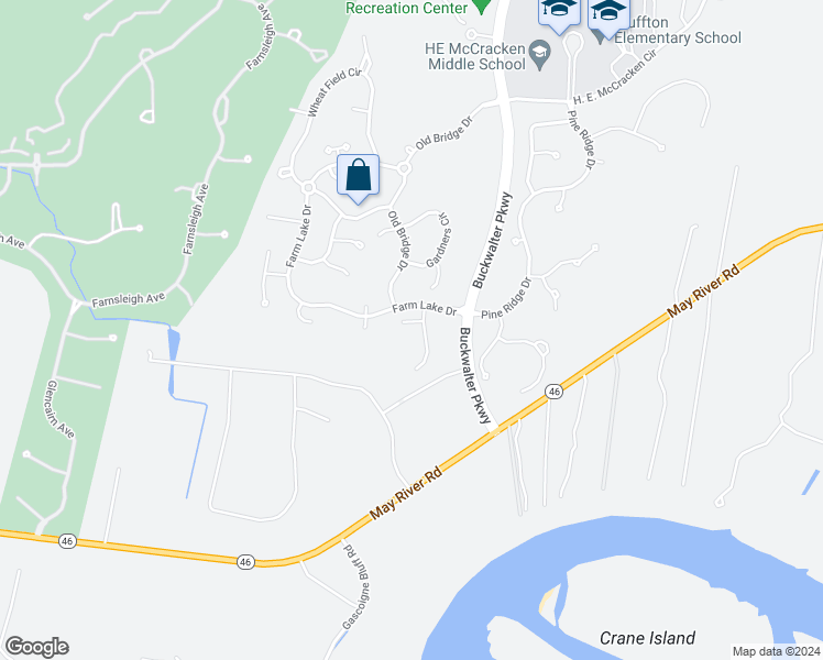 map of restaurants, bars, coffee shops, grocery stores, and more near 567 Greenfield Court in Bluffton