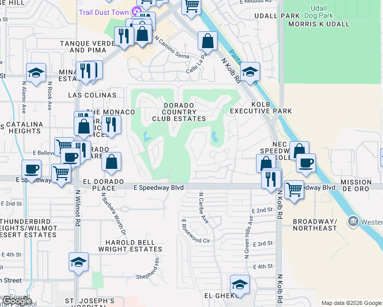 map of restaurants, bars, coffee shops, grocery stores, and more near 1271 North Vía Ronda Oeste in Tucson