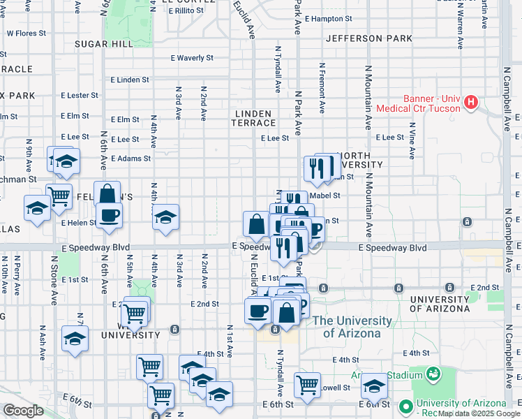 map of restaurants, bars, coffee shops, grocery stores, and more near 1222 North Euclid Avenue in Tucson