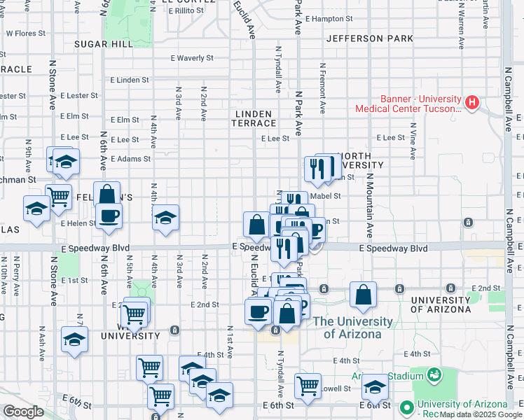 map of restaurants, bars, coffee shops, grocery stores, and more near 1220 North Euclid Avenue in Tucson