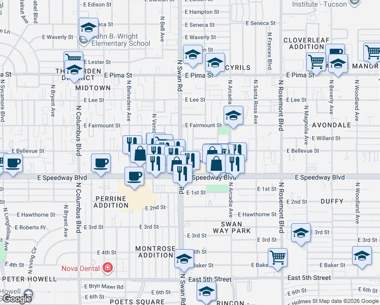 map of restaurants, bars, coffee shops, grocery stores, and more near 1201 North Nema Avenue in Tucson