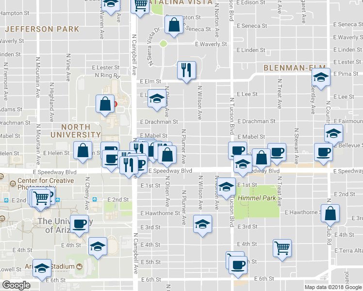 map of restaurants, bars, coffee shops, grocery stores, and more near 1221 North Plumer Avenue in Tucson