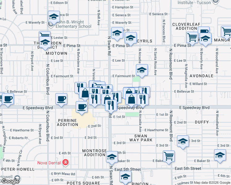 map of restaurants, bars, coffee shops, grocery stores, and more near 1201 North Nema Avenue in Tucson