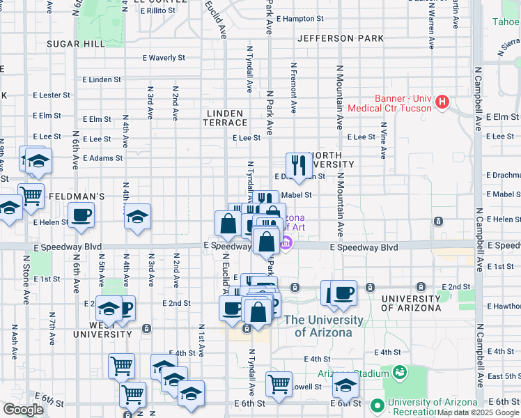 map of restaurants, bars, coffee shops, grocery stores, and more near 1221 North Tyndall Avenue in Tucson