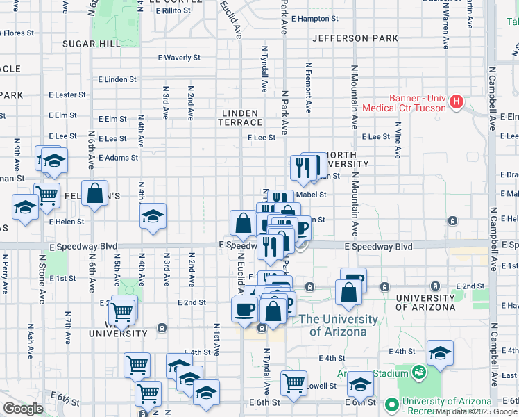 map of restaurants, bars, coffee shops, grocery stores, and more near 1221 North Tyndall Avenue in Tucson