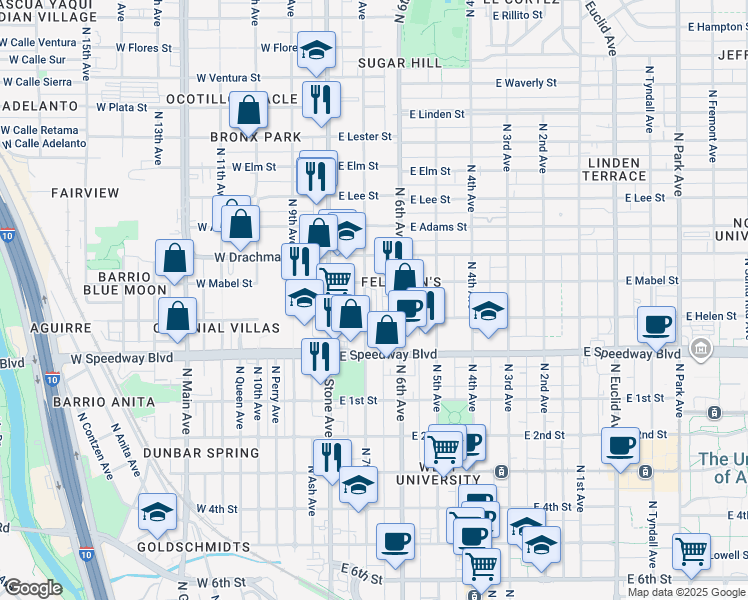 map of restaurants, bars, coffee shops, grocery stores, and more near 1200 North 7th Avenue in Tucson