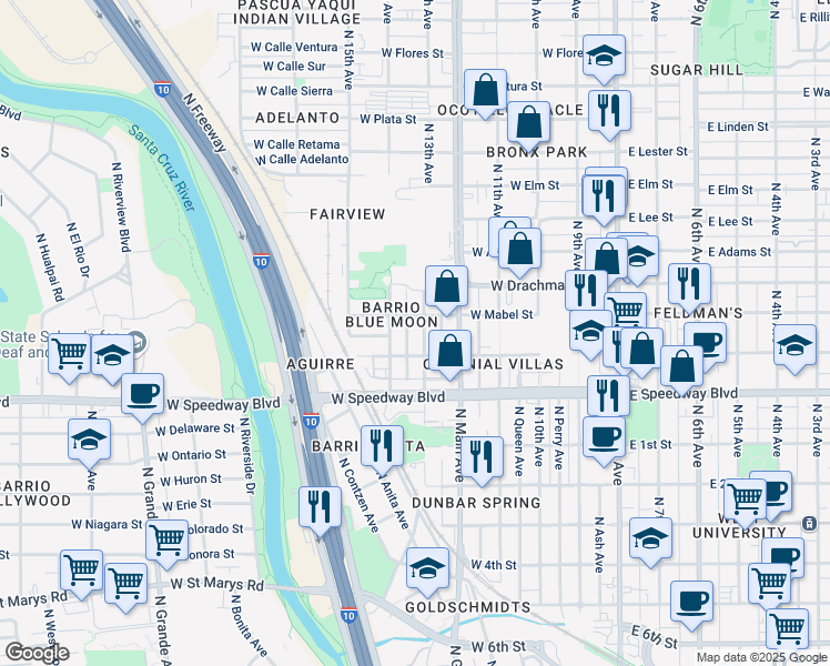 map of restaurants, bars, coffee shops, grocery stores, and more near 1234 North 13th Avenue in Tucson