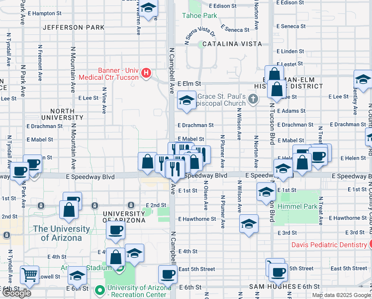 map of restaurants, bars, coffee shops, grocery stores, and more near 1221 North Norris Avenue in Tucson