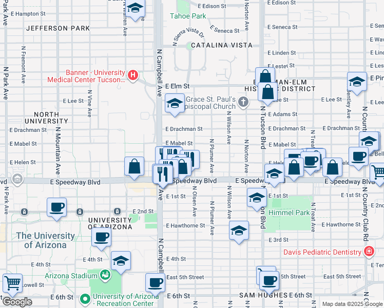 map of restaurants, bars, coffee shops, grocery stores, and more near 1221 North Olsen Avenue in Tucson