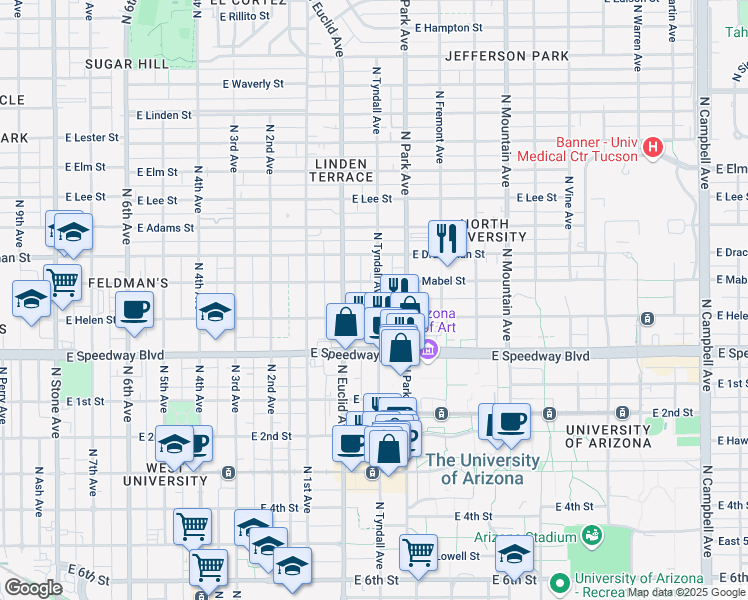 map of restaurants, bars, coffee shops, grocery stores, and more near 1221 North Tyndall Avenue in Tucson