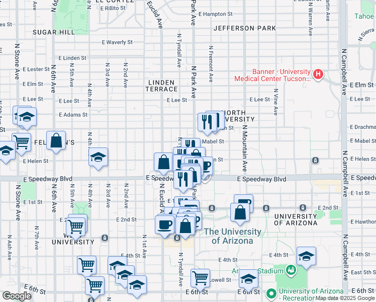 map of restaurants, bars, coffee shops, grocery stores, and more near 1201 North Park Avenue in Tucson