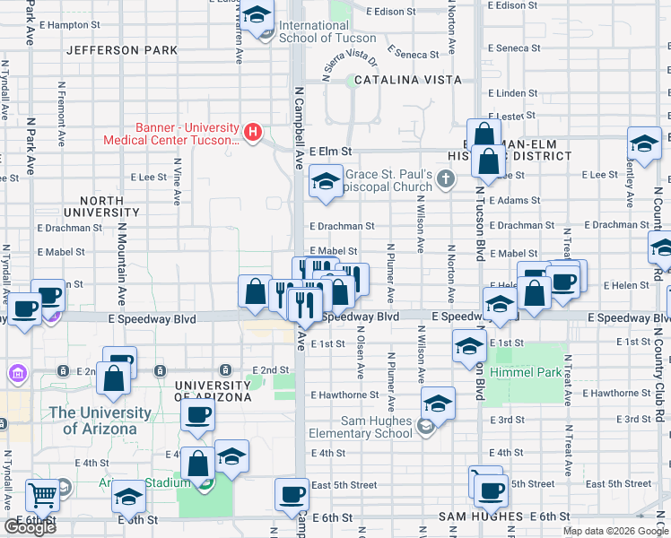 map of restaurants, bars, coffee shops, grocery stores, and more near in Tucson