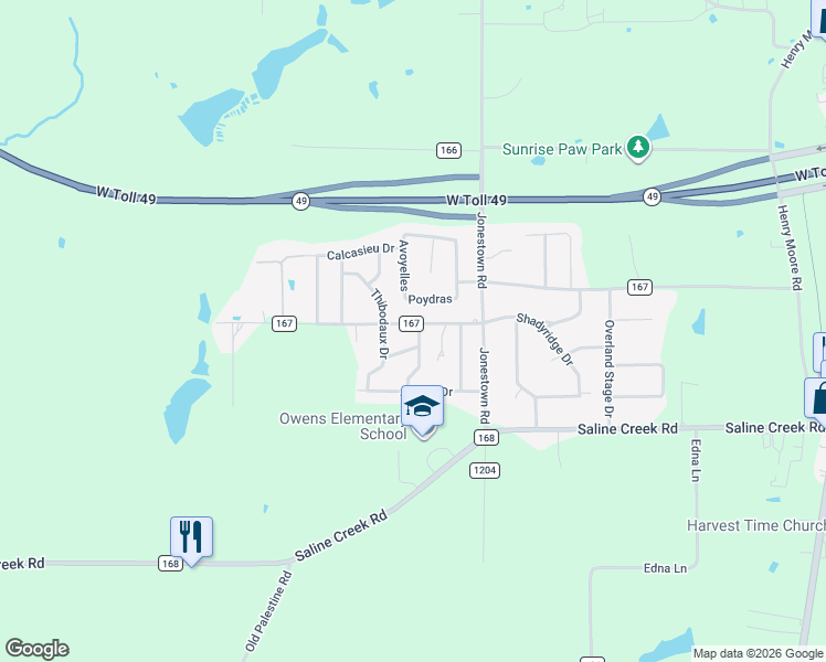 map of restaurants, bars, coffee shops, grocery stores, and more near 16702 Lafayette Drive in Tyler
