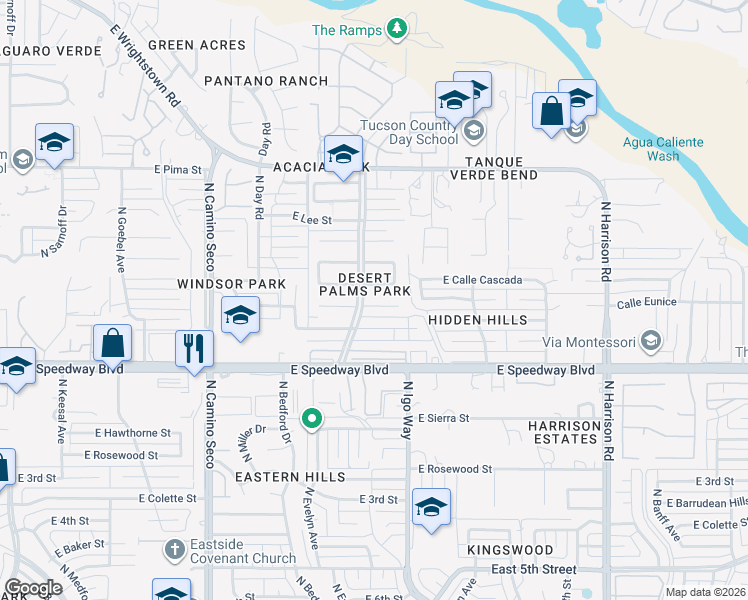 map of restaurants, bars, coffee shops, grocery stores, and more near 9045 East Calle Kuehn in Tucson