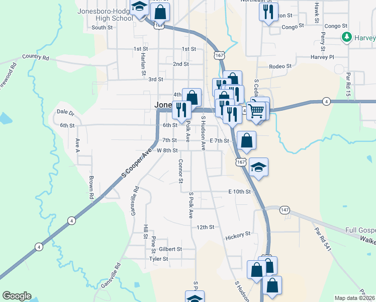 map of restaurants, bars, coffee shops, grocery stores, and more near 200 West 8th Street in Jonesboro