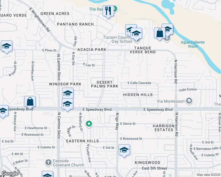 map of restaurants, bars, coffee shops, grocery stores, and more near 9045 East Calle Kuehn in Tucson
