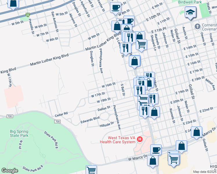 map of restaurants, bars, coffee shops, grocery stores, and more near 1600-1614 Pennsylvania Avenue in Big Spring