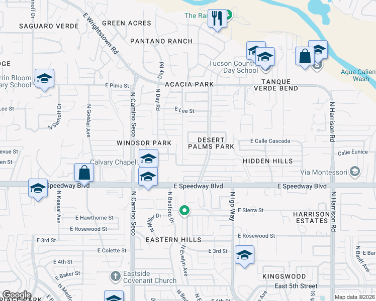 map of restaurants, bars, coffee shops, grocery stores, and more near 8917 East Calle Kuehn in Tucson