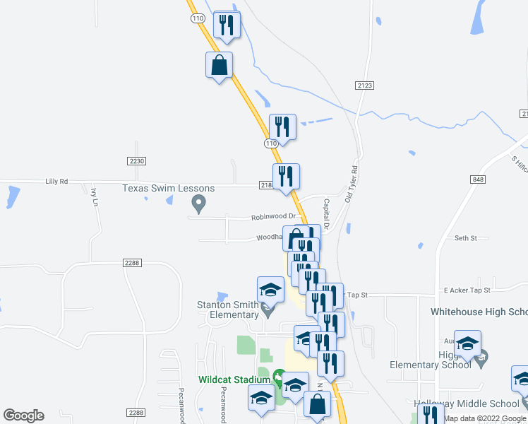 map of restaurants, bars, coffee shops, grocery stores, and more near 112 Robinwood Drive in Whitehouse