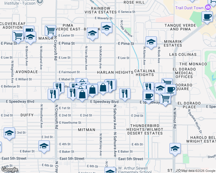 map of restaurants, bars, coffee shops, grocery stores, and more near 5819 East Bellevue Street in Tucson