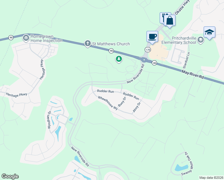 map of restaurants, bars, coffee shops, grocery stores, and more near New Riverside Road in Bluffton