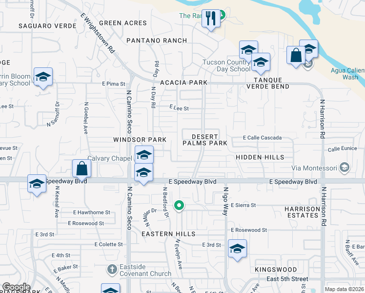 map of restaurants, bars, coffee shops, grocery stores, and more near 8917 East Calle Kuehn in Tucson
