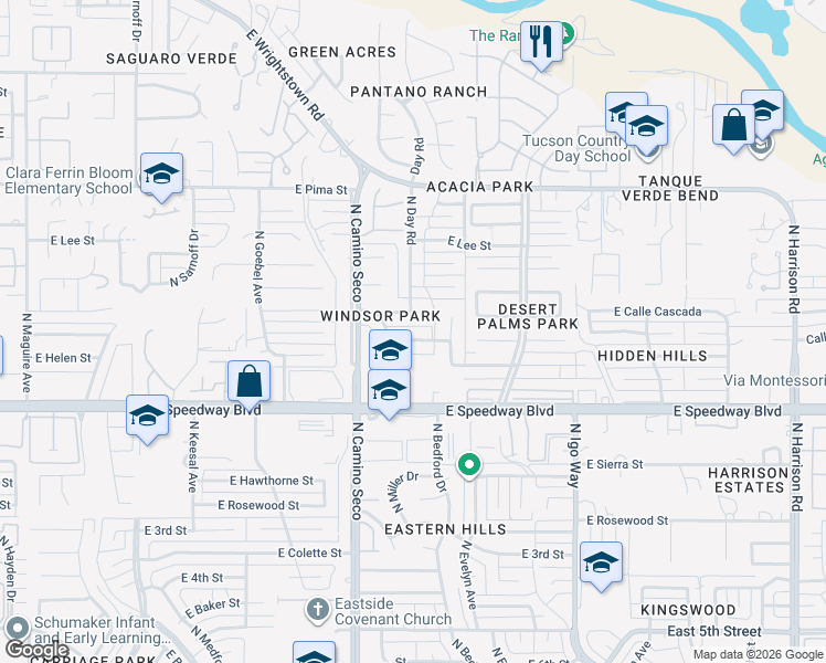 map of restaurants, bars, coffee shops, grocery stores, and more near 8739 East Lancaster Road in Tucson