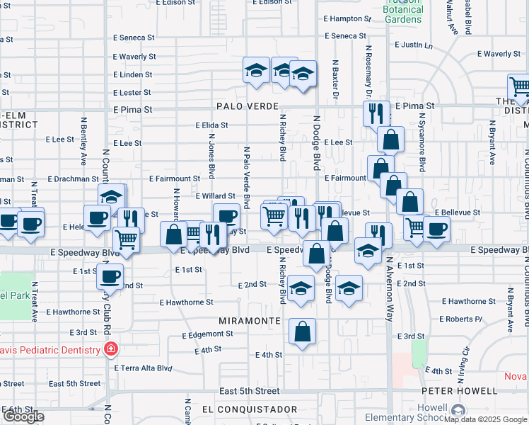 map of restaurants, bars, coffee shops, grocery stores, and more near 3517 East Bellevue Street in Tucson