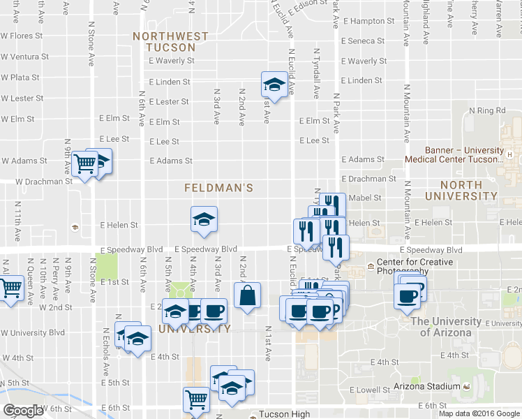 map of restaurants, bars, coffee shops, grocery stores, and more near 1227 North 1st Avenue in Tucson