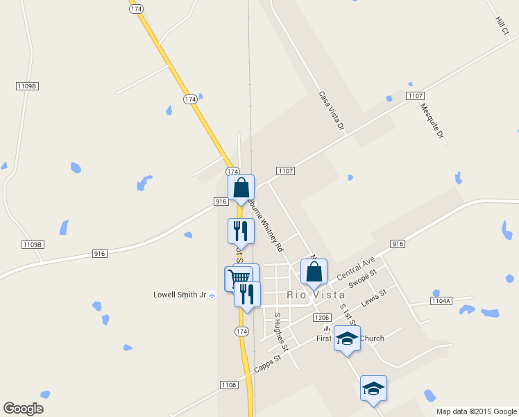 map of restaurants, bars, coffee shops, grocery stores, and more near 506 North Cleburne Whitney Road in Rio Vista