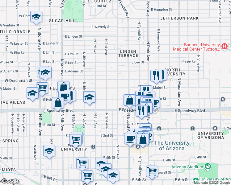 map of restaurants, bars, coffee shops, grocery stores, and more near 1227 North 1st Avenue in Tucson