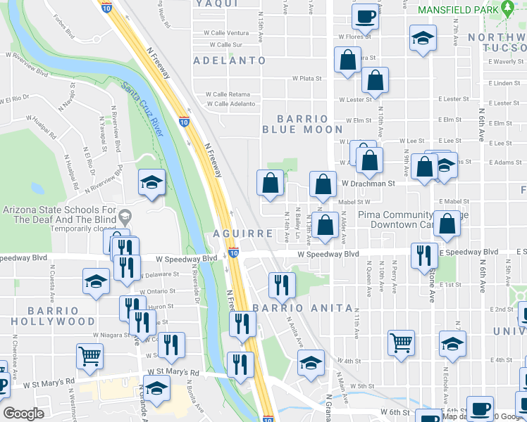 map of restaurants, bars, coffee shops, grocery stores, and more near 664 West Alto Place in Tucson