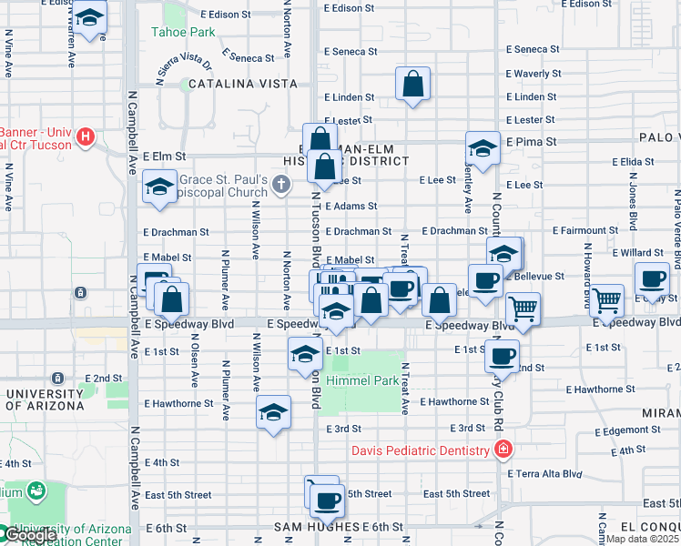 map of restaurants, bars, coffee shops, grocery stores, and more near 1215 North Forgeus Avenue in Tucson
