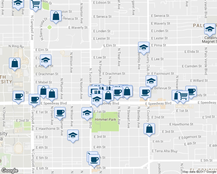 map of restaurants, bars, coffee shops, grocery stores, and more near 1219 N Sawtelle Ave in Tucson