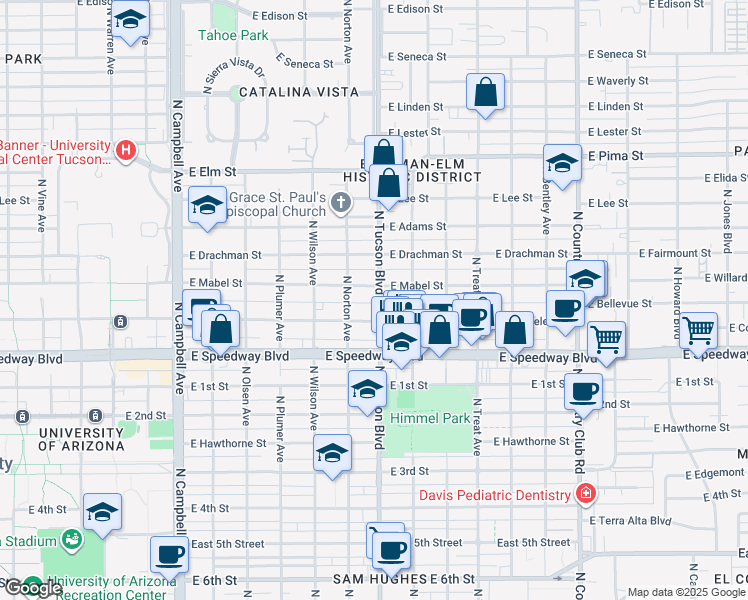 map of restaurants, bars, coffee shops, grocery stores, and more near 1227 North Tucson Boulevard in Tucson