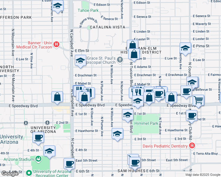 map of restaurants, bars, coffee shops, grocery stores, and more near 1221 North Wilson Avenue in Tucson