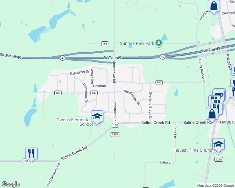 map of restaurants, bars, coffee shops, grocery stores, and more near 16707 County Road 178 in Tyler