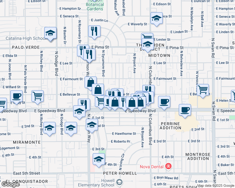 map of restaurants, bars, coffee shops, grocery stores, and more near 4075 E Bellevue St in Tucson