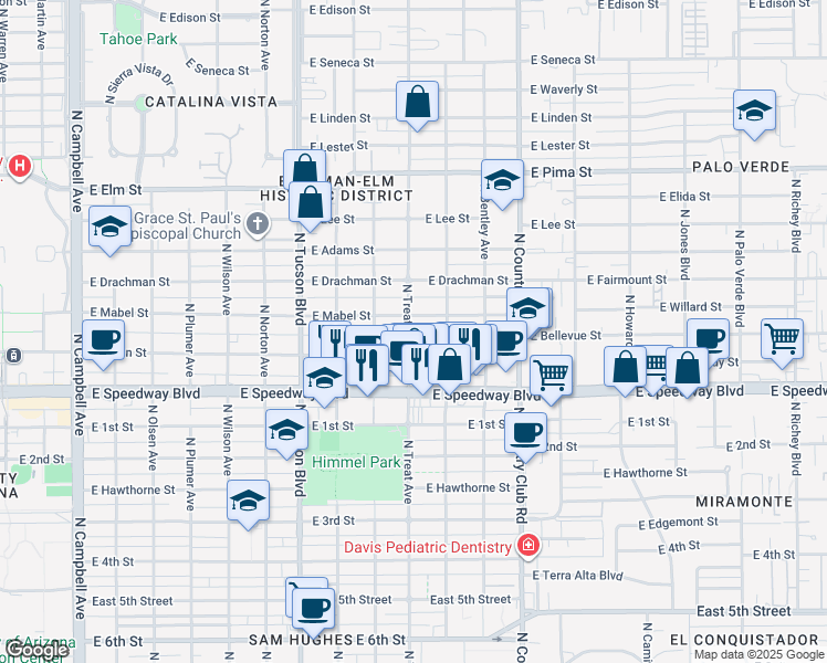 map of restaurants, bars, coffee shops, grocery stores, and more near 1224 North Treat Avenue in Tucson