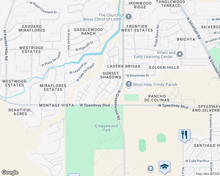 map of restaurants, bars, coffee shops, grocery stores, and more near 2581 West Ashley Place in Tucson