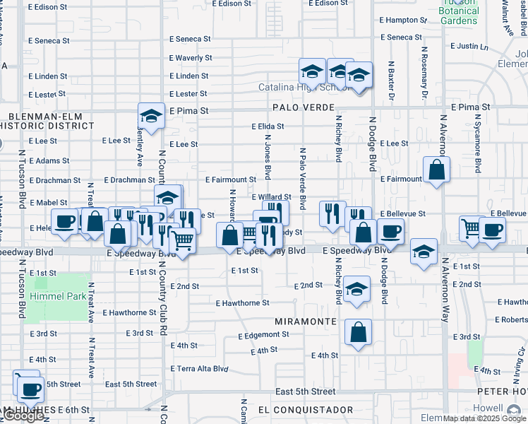 map of restaurants, bars, coffee shops, grocery stores, and more near 1201 North Jones Boulevard in Tucson