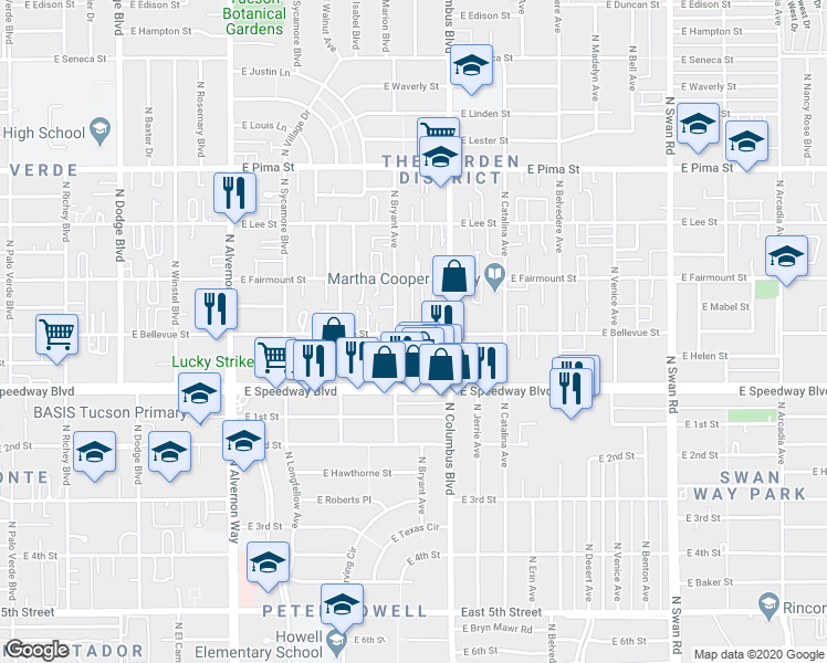 map of restaurants, bars, coffee shops, grocery stores, and more near 4215 East Bellevue Street in Tucson