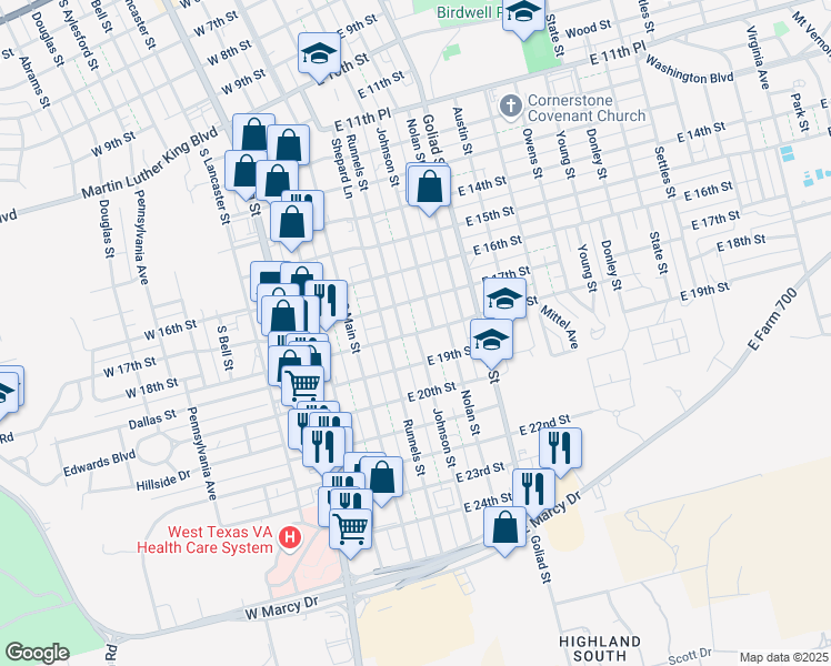 map of restaurants, bars, coffee shops, grocery stores, and more near 256 East 18th Street in Big Spring