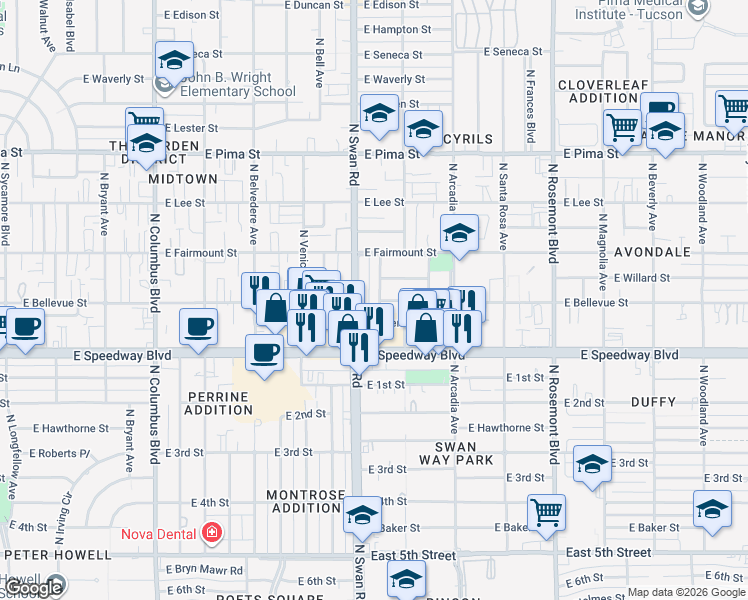 map of restaurants, bars, coffee shops, grocery stores, and more near 1201 North Nema Avenue in Tucson