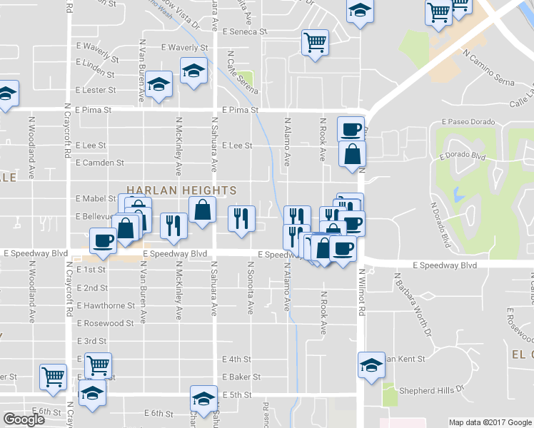 map of restaurants, bars, coffee shops, grocery stores, and more near 6031 East Bellevue Street in Tucson
