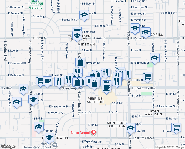 map of restaurants, bars, coffee shops, grocery stores, and more near 4361 East Bellevue Street in Tucson